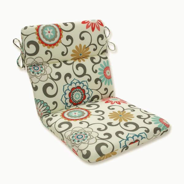 Pillow Perfect Floral Outdoor/Indoor 21 in. W x 3 in. H Deep Seat, 1-Piece Chair Cushion with Round Corners in Blue/Brown Pom Pom Play
