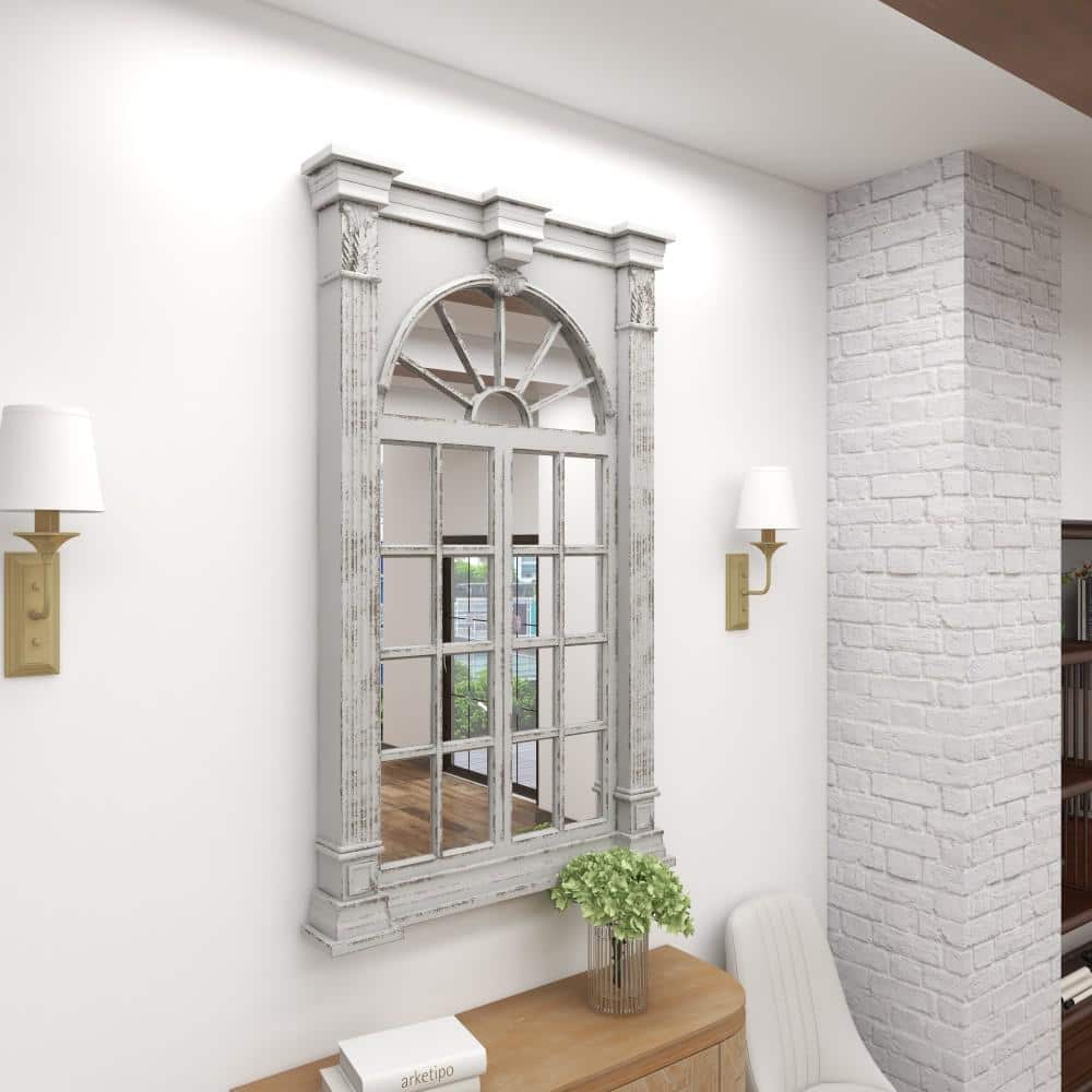 Cream Wood Windowpane Arched Wall Mirror with Distressed Finish