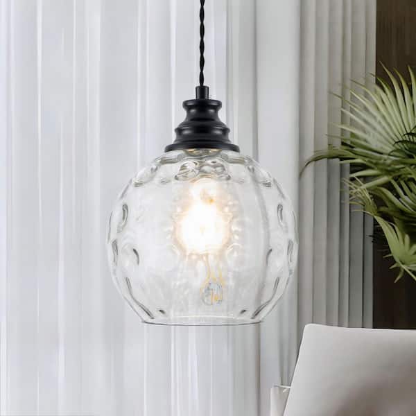 Jasslynn 1-Light Black Globe Pendant Light with Hammered Glass Shade for Kitchen Island, Dining Room, No Bulbs Included