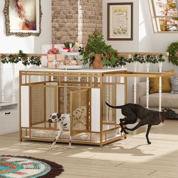 Aleko Dog Crate Furniture With Drawer And Storage Hooks For Medium Pet – 50 Lb. Weight Capacity – Weathered Gray – Free Rope Toy And Cushion Included