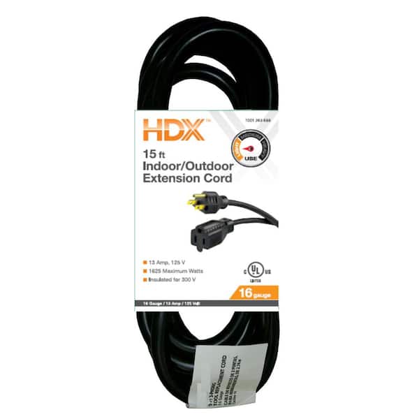 HDX 15 ft. 16/3 Indoor/Outdoor Extension Cord, Black