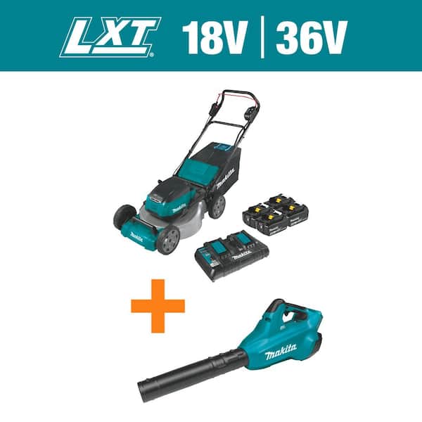 Makita 21 in. 18V X2 (36V) LXT Walk Behind Push Lawn Mower Kit with 4 Batteries (5.0 Ah) with 18V X2 (36V) LXT Blower