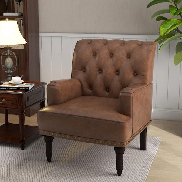 Uixe Mid-Century Modern Solid Wood Leg Brown PU Leather Button Upholstered Accent Armchair With Nailhead Trim