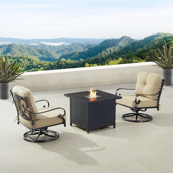 Oakland Living Black Aluminum Fire Table Bistro Set with 2-Club Chairs