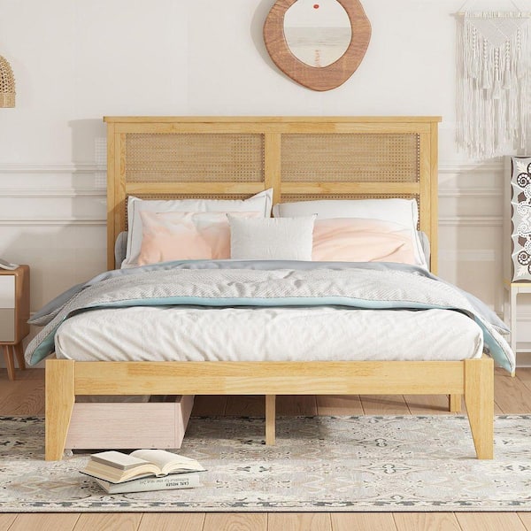 Natural Yellow Wood Frame Full Size Platform Bed with Rattan Headboard and 2-Storage Drawers