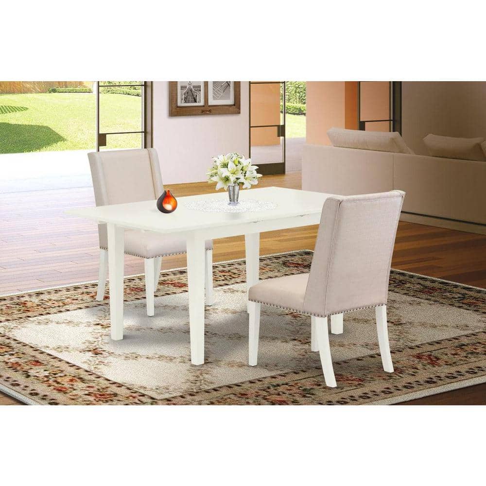 3-Piece Linen White Finish Rectangular Solid Wood Top with Butterfly Leaf Dining Table Set