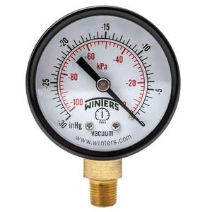 2 in. Black Steel Case Brass Internals Pressure Gauge with 1/8 in. NPT Bottom Connection and Range of 30 in. Hg Vac/kPa