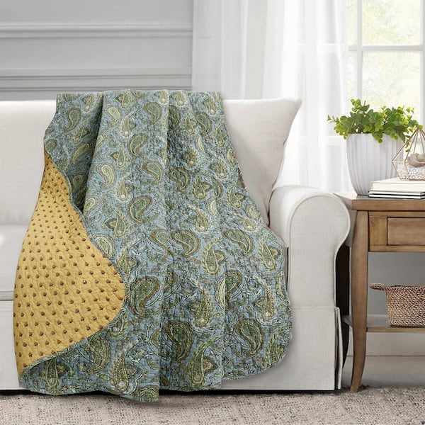 Country Stream Blues Paisley Blue Green Yellow Scalloped Cotton Throw Blanket Set of 1