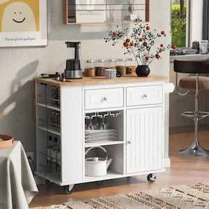White Rubber Wood 40 in. Kitchen Island with Drop Leaf, Open Storage and Wine Rack, 5-Wheels, Adjustable Storage