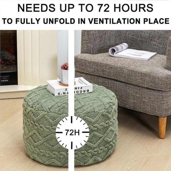 Suede Sage Green Plush Fiber Upholstered Round Foam Pouf Ottoman
