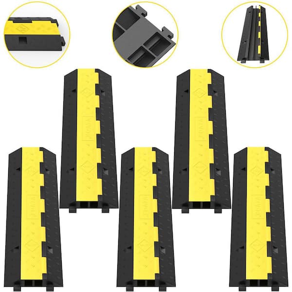Cable Protector Ramp 2-Channels Speed Bump Hump Rubber 11000 lbs. Load for Driveway Traffic Wire Protect (5-Pieces)