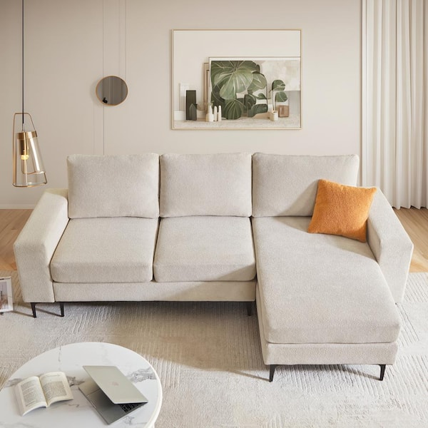 Allwex COCO 97 in. Square Arm Modern 2-Piece Cloud Wool Velvet L-Shape Modular Sectional Sofa in Beige with Right Chaise