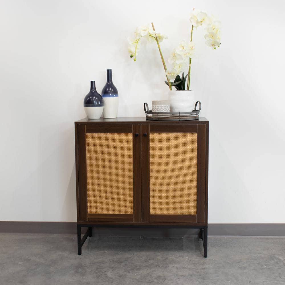 Dark Brown MDF and Rattan 2-Door Office Cabinet with Adjustable Shelving