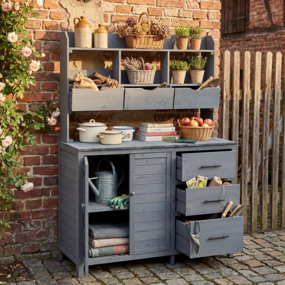 Outdoor Gray Potting Bench,Wooden Potting Table with 6 Drawers,Bottom Cabinet and Side Hook price history on PriceWatchPro