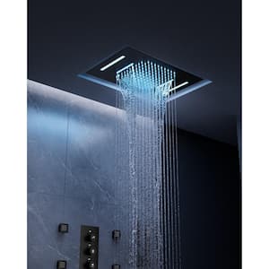 15-Spray 23 in. L x 15 in. W LED Flush Ceiling Mount Waterfall Fixed and Handheld Shower Head 2.5 GPM in Matte Black
