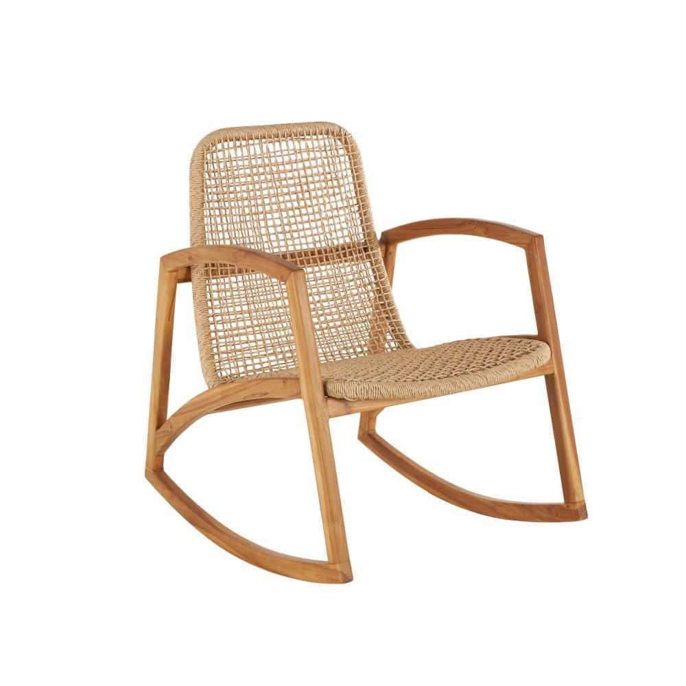 Side view of a light brown woven rattan rocking chair with teak frame.