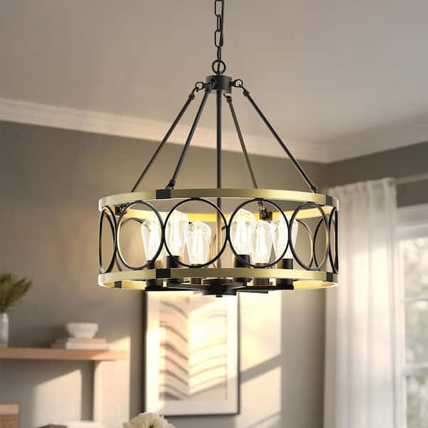 6-Light Black and Gold Drum Chandelier, Dimmable Dining Room Ceiling Light for Kitchen Island Foyer Entryway