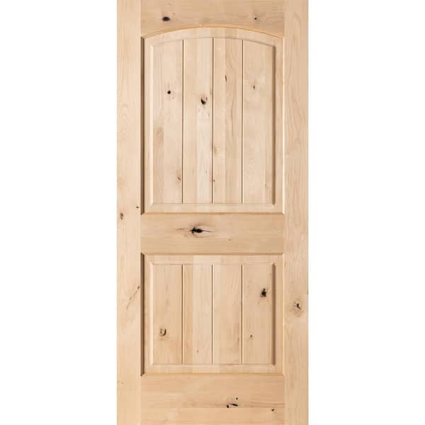 Krosswood Doors 24 in. x 80 in. Knotty Alder 2 Panel Top Rail Arch with V-Groove Solid Wood Core Interior Door Slab