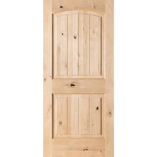 Krosswood Doors 28 in. x 80 in. Rustic Knotty Alder 2-Panel Top Rail Arch V-Groove Unfinished Wood Front Door Slab