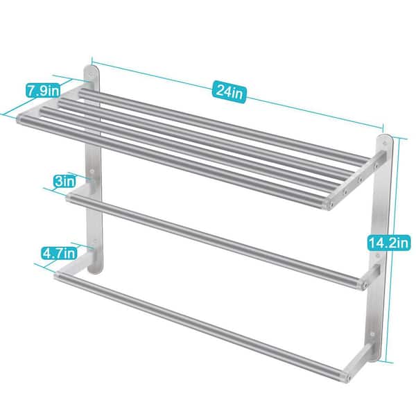 Wall Mount Bath Towel Rack, 24 in. Black Towel Shelf with Double Towel Bar, 3 Tier Stainless Steel Towel Storage, Silver