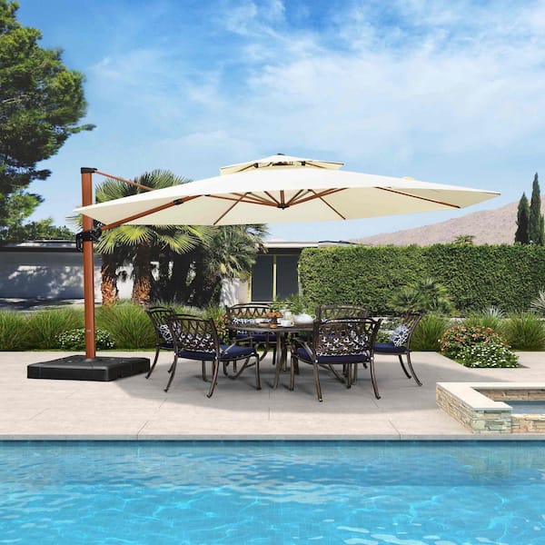 PURPLE LEAF 13 ft. Octagon High-Quality Wood Pattern Aluminum Cantilever Patio Umbrella with Stand, Cream