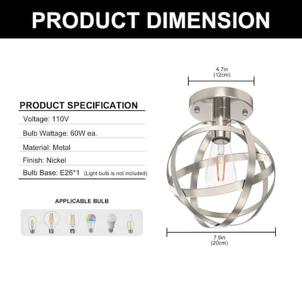 7.87 in. 1-Light Brushed Nickel Globe Semi-Flush Mount Ceiling Light-Classic Fixture for Hallway, Stairway & Porch