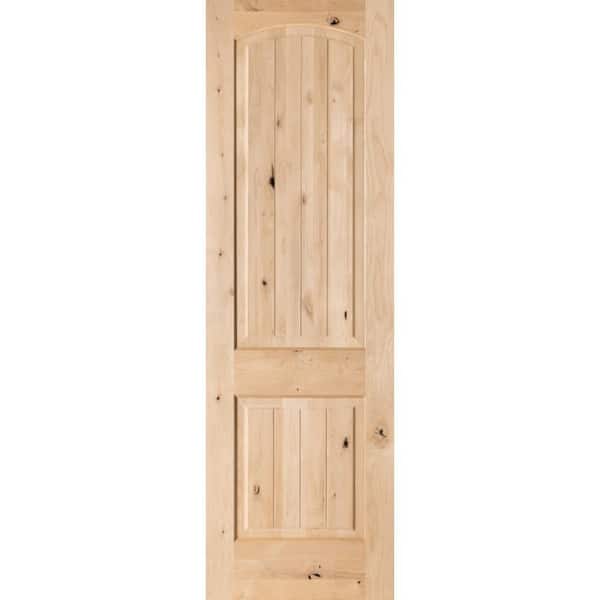 Krosswood Doors 24 in. x 96 in. Rustic Knotty Alder 2-Panel Top Rail Arch V-Groove Unfinished Wood Front Door Slab