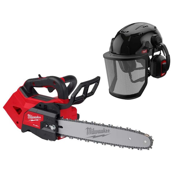 Milwaukee M18 FUEL 14 in. 18V Cordless Top Handle Chainsaw w/BOLT Black Type 2 Class C Vented Helmet, Earmuffs, Mesh Face Shield
