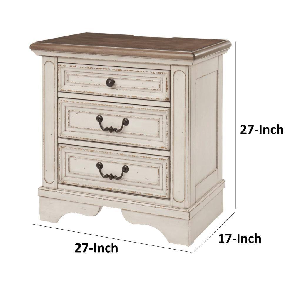 White and Brown Solid Wood 3-Drawer Nightstand with Black Handles