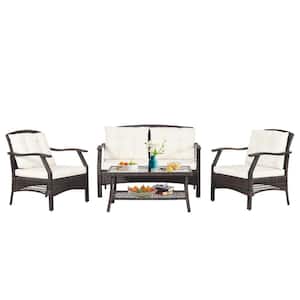 4-Piece Wicker Patio Conversation Set With Off White Cushions and Protective Cover