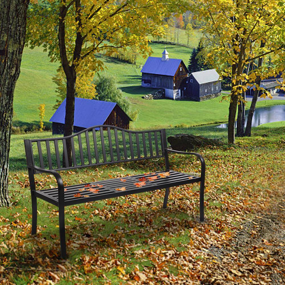 Black Steel Outdoor Bench with Built-In Table, 59"