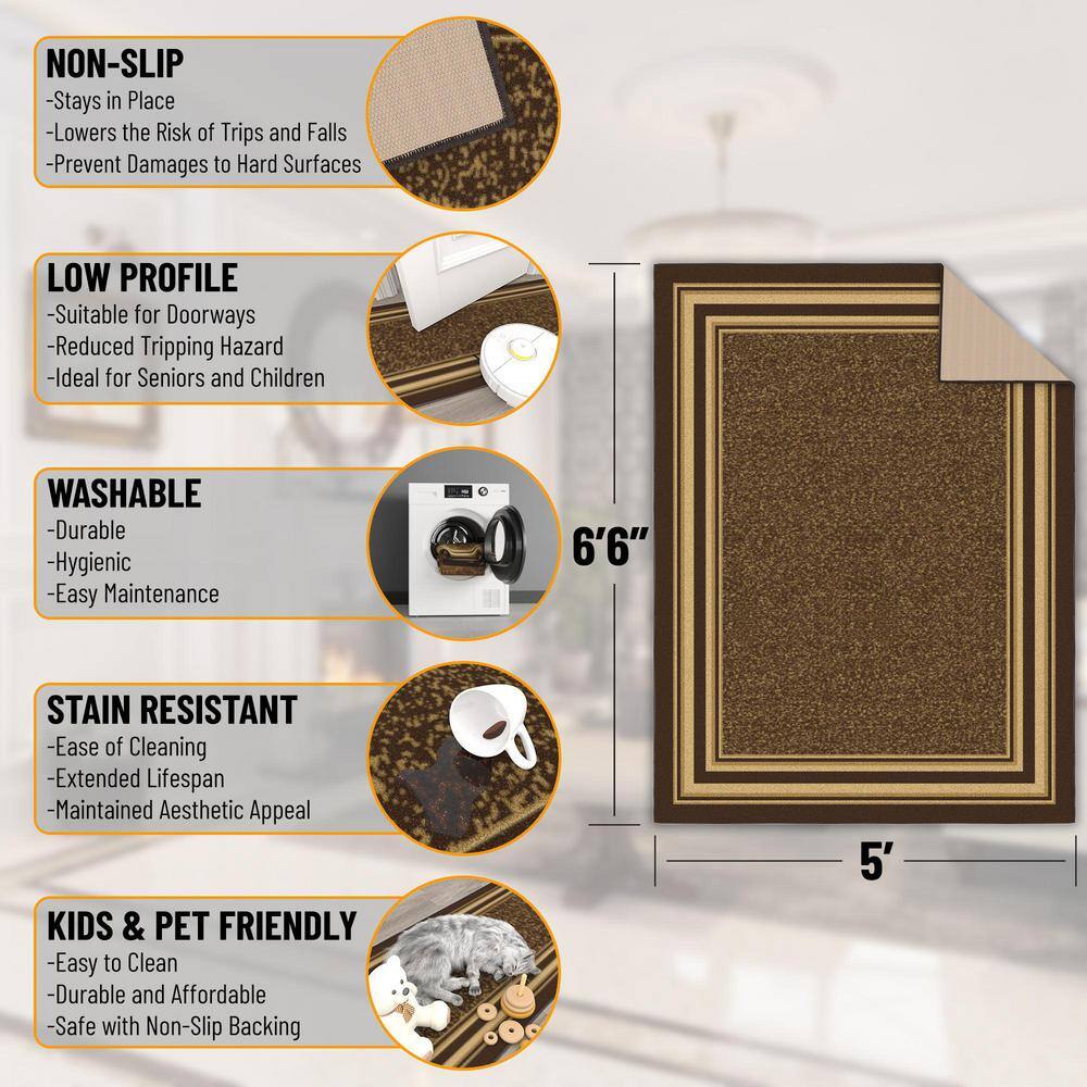 Brown Bordered Machine Washable Area Rug with Non-Slip Backing