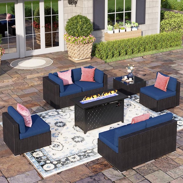 PHI VILLA Dark Brown Rattan Wicker 6 Seat 8-Piece Steel Outdoor Fire ...