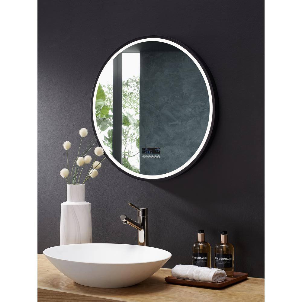 Round Black LED Bathroom Vanity Mirror with Bluetooth and Digital Display