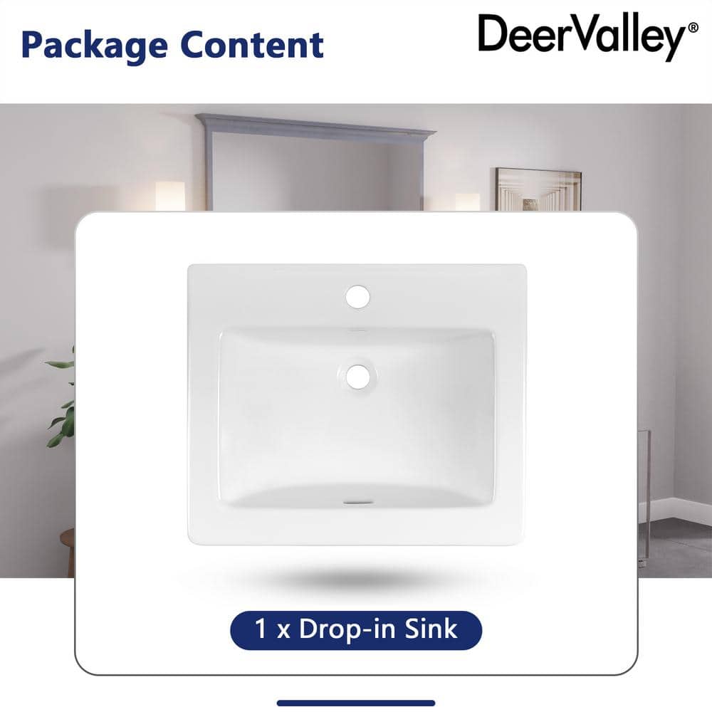 21'' White Gloss Ceramic Rectangular Drop-In Bathroom Sink