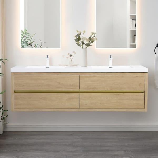 Lafarre 70.87 in. W x 19.69 in. D Double Sink Floating Oak Natural Wood Bath Vanity with White Stone Resin Top Assembled