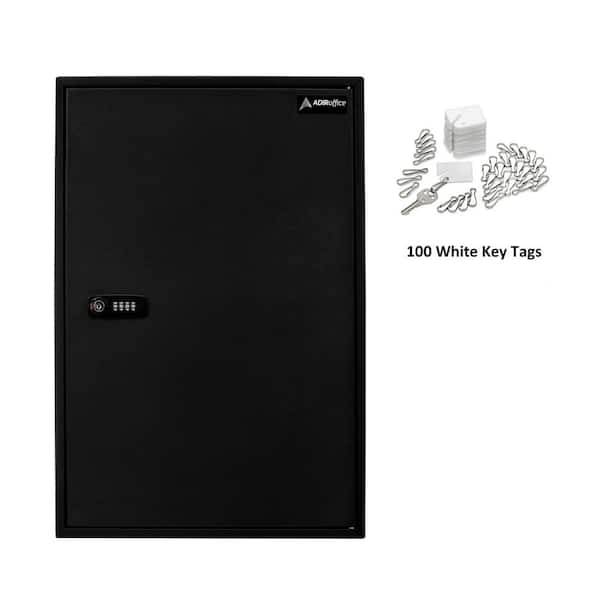 AdirOffice 100-Key Steel Storage Key Lock Box with Combination and Key Lock, Black with 100 White Plastic Key Tags