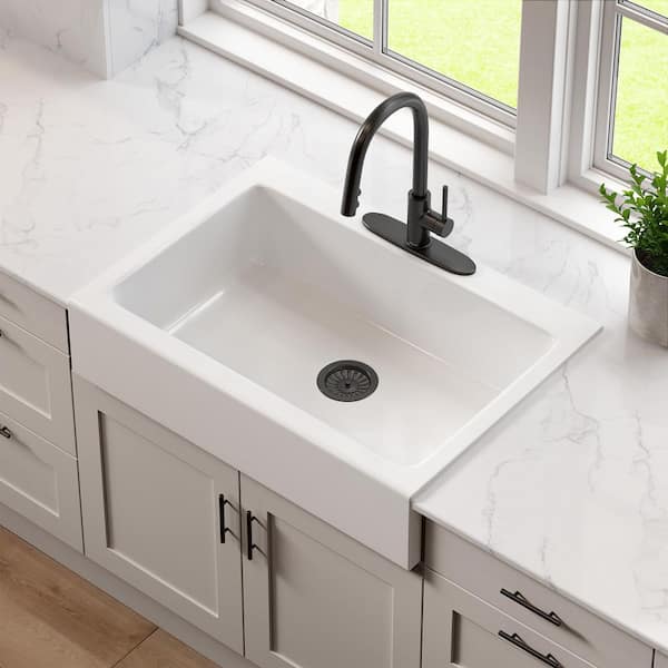 Parker 34 in. 3-Hole Quick-Fit Farmhouse/Apron-Front Drop-In Single Bowl Crisp White Fireclay Kitchen Sink and Drain