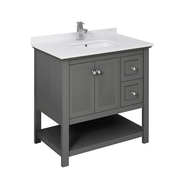 Fresca Manchester Regal 36 in. W Bathroom Vanity in Gray Wood with QuartzStone Vanity Top in White with White Basin