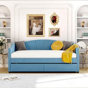 Blue Modern Twin Size Upholstered Daybed with Two Drawers and Wood Slat Suppot