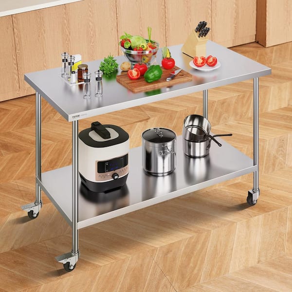 Sliver Stainless Steel Food Prep Table, 18 in. L x 48 in. W x 34 in. H Commercial Kitchen Worktable, Kitchen Prep Table