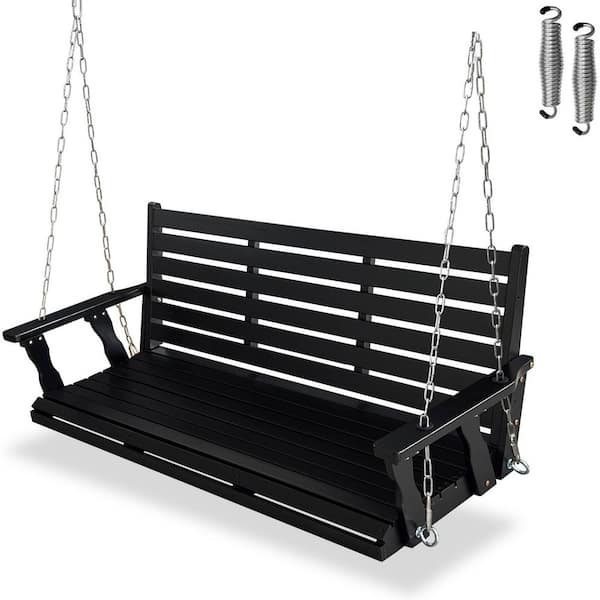 3-Person Wood Porch Swing with Ergonomic Seat and Hanging Chains, Heavy Duty 880 lb., for Patio, Garden, Yard, Black