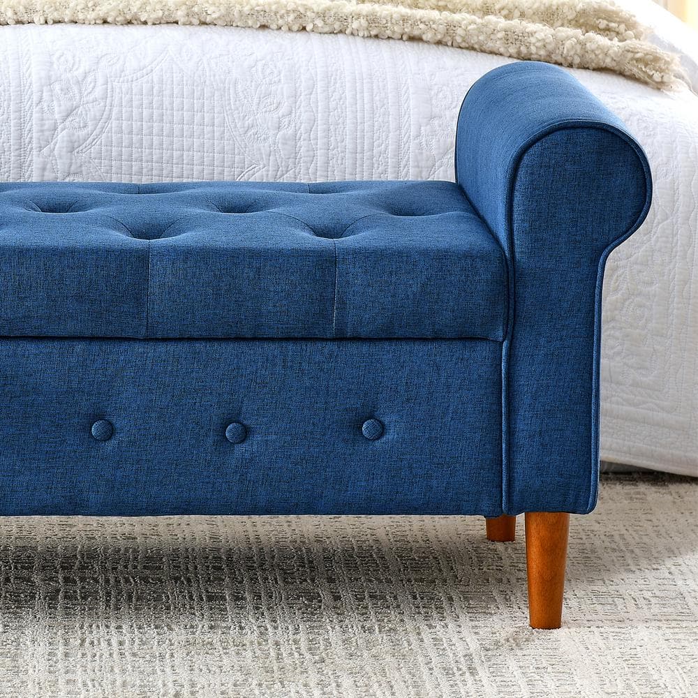 Blue Linen Tufted Storage Bench with Rolled Arms