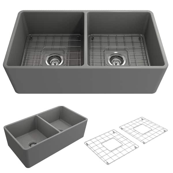 BOCCHI Classico Farmhouse Apron Front Fireclay 33 in. Double Bowl Kitchen Sink with Bottom Grid and Strainer in Matte Gray
