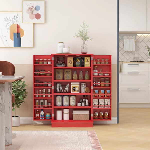 5-Tier Shelving in Red Kitchen Pantry Storage Cabinet, 12-Spice Racks