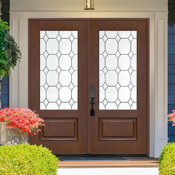Regency 72 in. x 80 in. 3/4L Marquise Glass RHIS Chestnut Stain Fiberglass Double Prehung Front Door with 4-9/16 Jamb