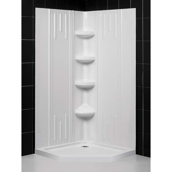 DreamLine SlimLine 38 in. x 38 in. Neo-Angle Shower Pan Base in White with Off-Center Drain and Back-Walls