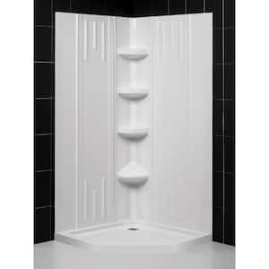 SlimLine 42 in. x 42 in. Neo-Angle Shower Base in White with Off-Center Drain and Back-Walls