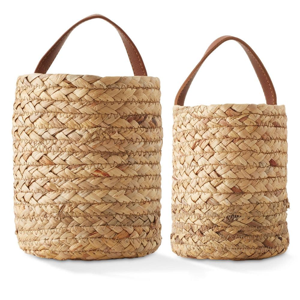 Natural Water Hyacinth Wall Hanging Baskets with Faux Leather Handles
