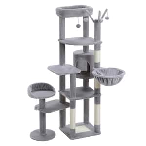 59" Grey Multi-Level Cat Tower Tree with Removable Pompom Sticks, Hammock Cat Condo, Scratching Post and 2 Perches